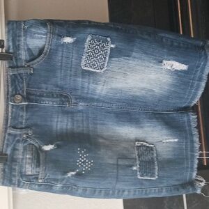 Denim Skirt With Patches And Distressed